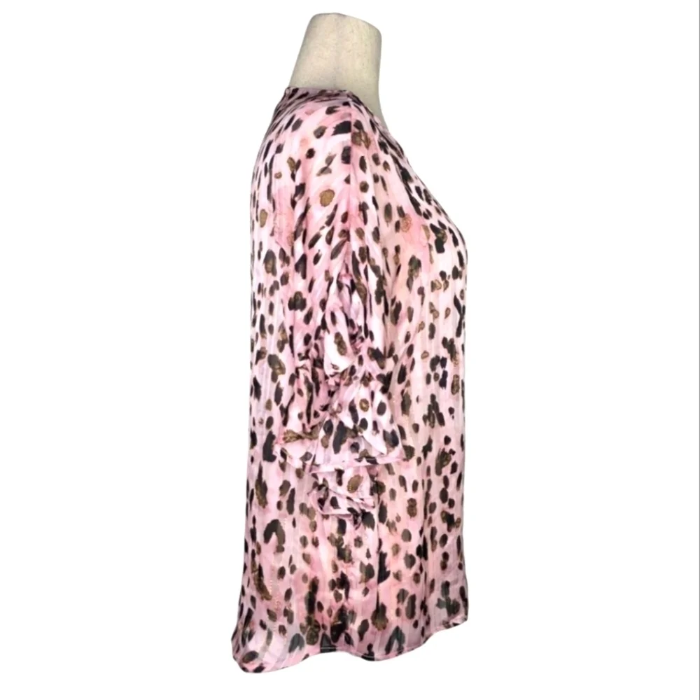 Umgee Pink Metallic Leopard Print Ruffle Sleeve Blouse Size L Sheer Top
